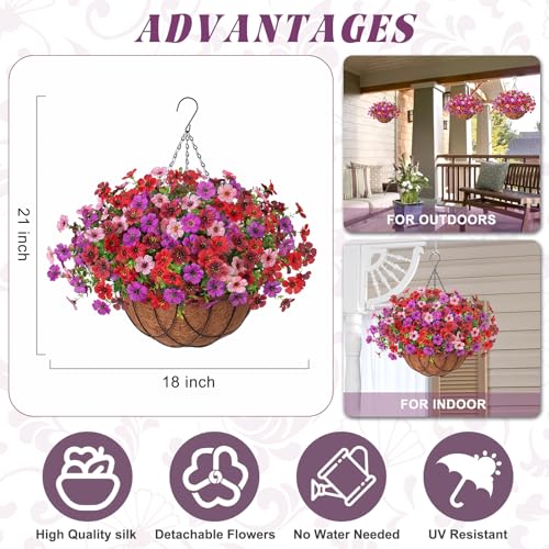 INXUGAO Artificial Silk Flowers Hanging Baskets Outdoors Indoors, Fake Daisy with Eucalyptus Leaves Arrangement for Garden Yard Spring Summer Decor Faux Green Plant(Red Brown Purple Pink) - color: Red Brown & Purple & Pink