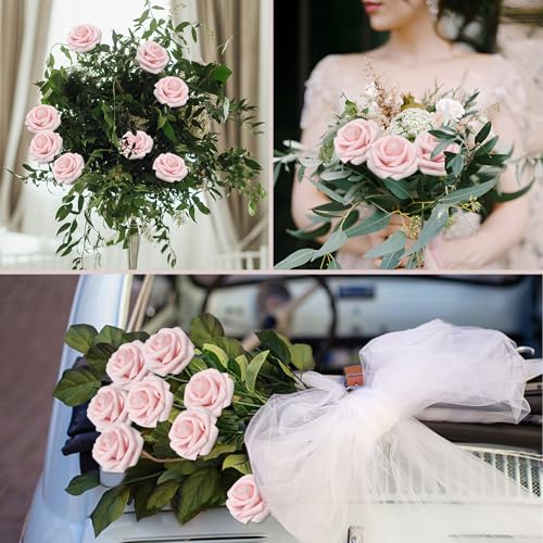 100PCS Light Pink Realistic Roses - Artificial Latex Foam Flowers with Bendable Stems & 24PCS Leaves for Wedding, Home and Party DIY Decor - color: Light Pink, size: 100