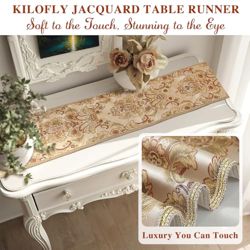 kilofly Elegant Floral Brocade Jacquard Table Runner Tassels (60 x 12 inches) - color: Khaki, size: 60*12 inch