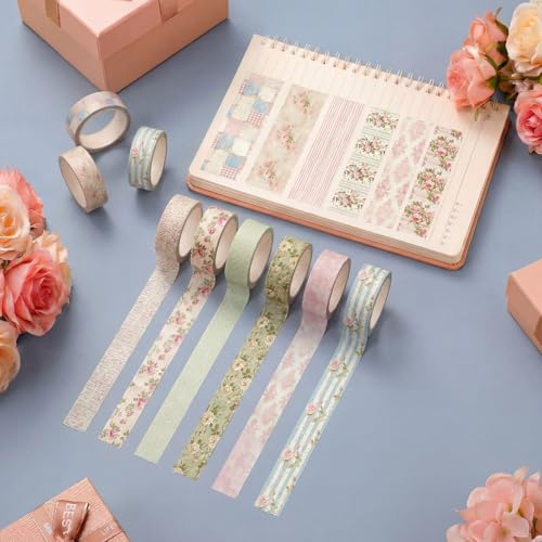 12 Rolls Watercolor Floral Washi Tape Set 15 mm Vintage Flower Decorative Masking Tape for Summer School Arts DIY Craft Scrapbook Journal Supplies Gifts(Vintage Pink,Cottagecore) - color: Vintage Pink, style: Cottagecore