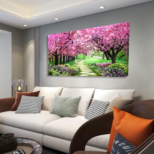 Aibonnly Canvas Wall Art Painting Pink Cherry Blossoms 1 Piece Park Tree Forest Wallpaper Spring landscape Picture Poster Print Framed and Stretched Ready to Hang for Living Room Bedroom Artwork - color: Pink, size: 40"L x 20"W