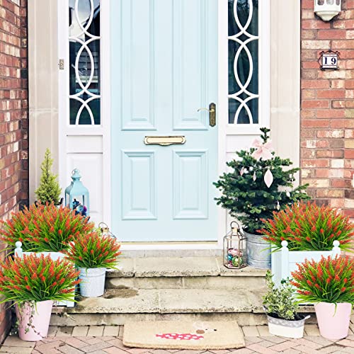 obbsie 12 Bundles Artificial Plants Outdoor, 18.2" UV Resistant Faux Monkey Grass Greenery Stems No Fade Faux Plastic Flowers Shrubs for Home Weddings Garden Porch Front Patio Office Decor - Red - color: Red, size: 12 Pcs