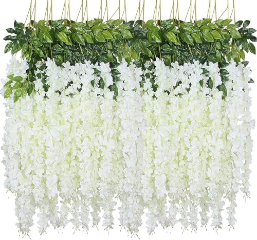 WEISPARK Wisteria Hanging Flowers - 36 Pieces 3.75 Feet/Piece Artificial Wisteria Vine Fake Ratta Hanging Garland Silk Flowers for Home Party Wedding Decor - color: 36pcs-white