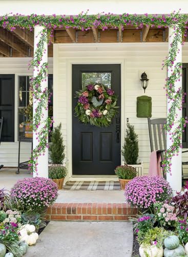 RECUTMS Hanging Garland Plants Artificial Flowers Fake Eucalyptus Greenery Garlands Leaf Garland with Flowers Hanging Faux Vine Plants for Spring Wedding Arch Backdrop Wall Decor 3 Pcs (Fuchsia) - color: Fuchsia