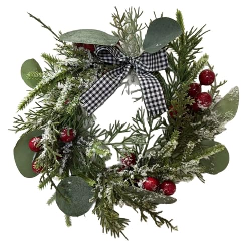 Christmas Candle Ring Xmas Small Wreath Green Leaves Berries Bow Candle Holder 9.06” for Tables Centerpieces Home Kitchen Farmhouse Decor Gift - color: Christmas