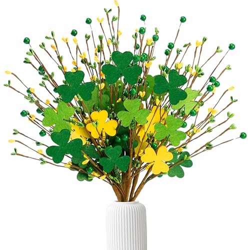 Sggvecsy St.Patrick's Day 8 Pcs Shamrock Berry Stems Artificial Wooden Shamrock Picks Green Yellow Berry Branches for Irish St.Patrick's Day Arrangement Centerpiece Home Vase Decor - color: Green and Yellow