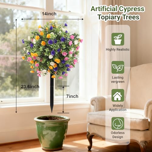 Artificial Topiary Bushes with Ground Spike Set of 2, Faux Boxwood Ball Trees for Outdoor, Fake Shrubs Bushes Decorations for Indoor Front Porch Garden - UV Resistant Faux Plants - Multicolor Flowers - color: Multicolor