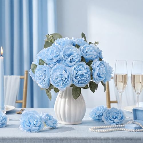 Thiccywoov 200 Pcs Flowers Long Stem Artificial Rose Bulk, 3.2 Inches Silk Rose Head Flowers Faux for Wedding Bridal Bouquet Independence Day Home Floral DIY Centerpieces Party Decoration (Light Blue) - color: Light Blue
