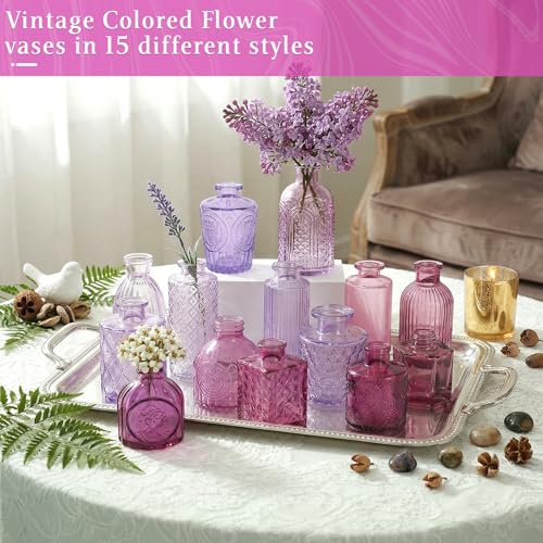 Set of 30 Purple Colored Glass Bud Vases - Small Textured Flower Vases for Centerpieces, Wedding Table Decor, Retro Home Decor Bulk Vase Set for DIY, Events & Gifts - color: Purple