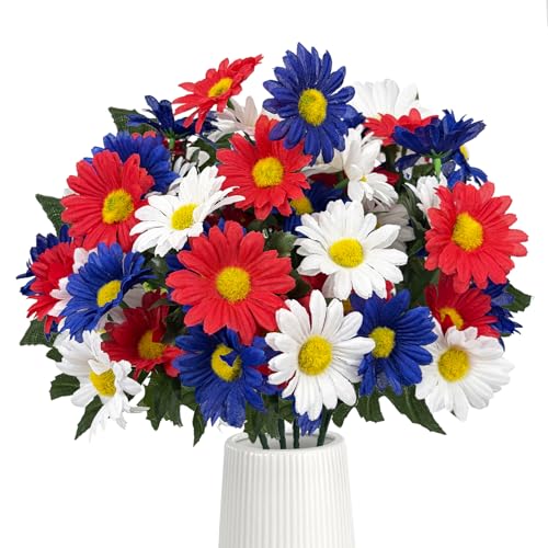4 Bunches Memorial Day Flowers for Cemetery 15" Red White and Blue Artificial Flowers Faux Daisies Silk Flowers for 4th of July Table Decorations Indoor Outdoor
