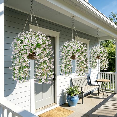 Roberly 4 Pcs Artificial Hanging Flowers for Outdoors, Realistic Faux Silk Flowers UV Resistant Fake Greenery Plants for Spring Summer Garden Porch Indoor Outdoor Home Decor, White - color: White