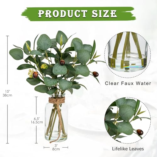 Briful Artificial Eucalyptus Stems in Glass Vase with Faux Water, 14" Fake Plant Olive Leaves for Home Office Farmhouse Wedding Centerpiece Décor - color: Darkolivegreen