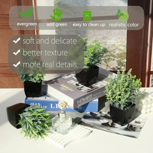 GREENTIME 4 Pack Fake Plants in Black Pot Small Artificial Eucalyptus Potted Plant Wheat Grass Mini Faux Greenery for Home Decor Indoor Office Table Room Farmhouse Bathroom Decorations - color: Black-grey