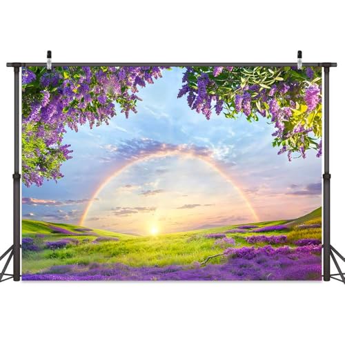 9 X 6 ft Lavender Flower Field Backdrop Photography backdrops Purple Flower Lavender Green Grass Lilac Flowers Sunset Sky Rainbow Party Background Photography Studio Backdrop - size: 9x6ft