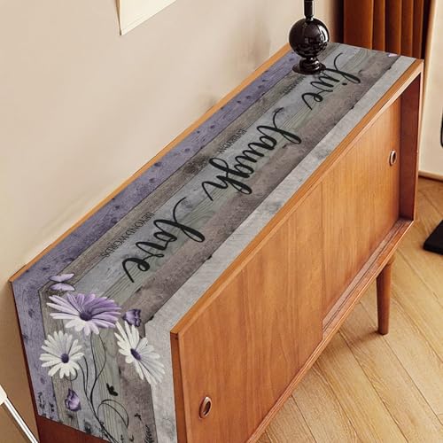 Daisy Floral Table Runner, Rustic Purple Wild Flowers Wooden Boho Spring Butterfly Coffee Table Center Decor for Family Kitchen Outdoor Farmhouse Holiday Party Table Decorations, 13"x36" - color: Daisy-5, size: 13“ X 36"