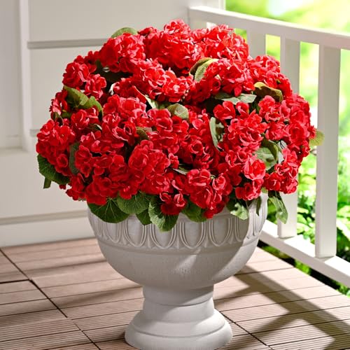 Waipfaru 12Pcs Artificial Fake Flowers for Outdoors, UV Resistant Outdoor Faux Plants, Silk Geraniums Red Flower for Garden Porch Planter Patio Balcony Yard Indoor Home Decoration (12, Red) - color: Red, size: 12 PCS