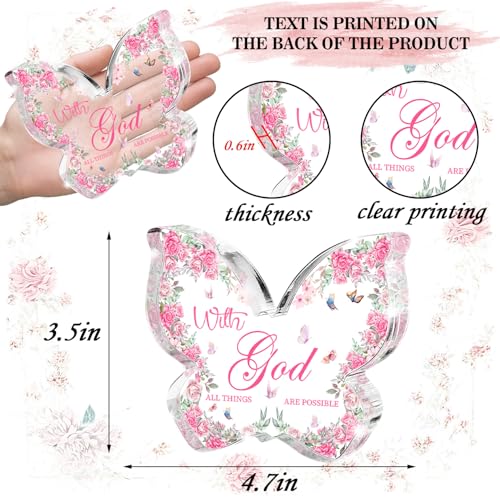 Butterfly Acrylic Decor, "With God All Things Are Possible" Christian Women's Gift, Pink Font Inspirational Religious Home Decor for Prayer Room, Bible Study and Encouragement Place, 4.7x3.2 Inch - color: White Pink