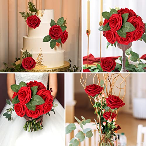 AmyHomie Artificial Flowers Dark Red Rose 50pcs Real Looking Fake Roses w/Stem for DIY Wedding Bouquets Centerpieces Arrangements Party Baby Shower Valentines Day Christmas Tree Decorations - color: Dark Red