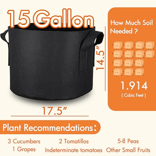 Gardzen 6-Pack 15 Gallon Grow Bags, 300G Thickened Nonwoven Fabric Pots with Handles, Heavy Duty Aeration Plant Bags for Gardening and Container Growing - size: 15 Gallons