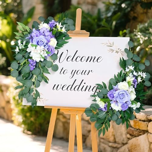 Artificial Wedding Arch Flowers (Pack of 2), White Wedding Flowers for Wedding Welcome Ceremony Sign Faux Floral Swags, Banquet and Reception Backdrop Floral Decoration (White & Purple) - color: White & Purple