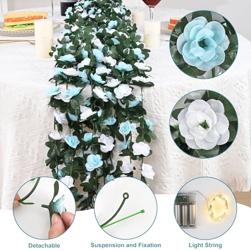 MARTINE MALL Flower Garland Rose Vines, 5 Strands 41Ft Flowers Vines for Bedroom with 33 Ft/100 LED String Lights, Rose Flower Garland Decoration, Rose Floral Garland for Room Table Wedding Decor - color: Blue and White With Lights, size: 5 Packs