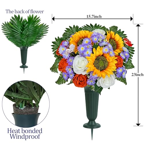 Artificial Cemetery Flowers for Grave,Memorial Flowers Bouquet with Vase for Headstones Decoration,Bright and Vibrant Sunflower Rose Daisy - color: Orange-purple