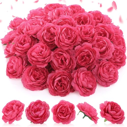 Thiccywoov 50 Pcs Artificial Flowers, 3.2 Inches Silk Rose Head Flowers Fake No Stem for Wedding Bridal Bouquet Home Floral Decor DIY Centerpieces Arrangements Party Tables Decoration(Hot Pink) - color: Hot Pink