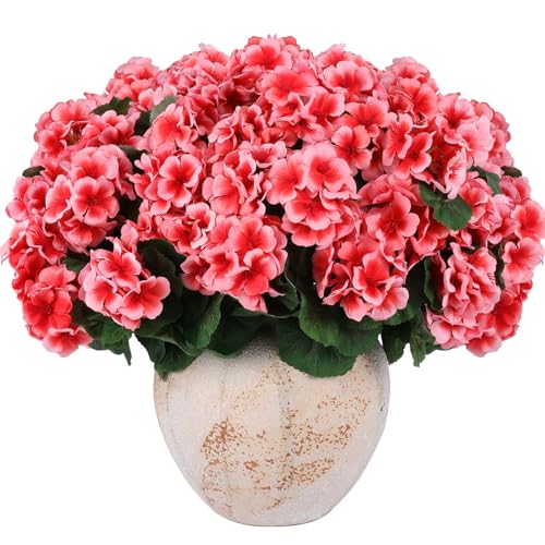 Hananona 12 Pcs Artificial Geranium Flowers for Outdoors Geranium Silk Flowers Outdoor UV Resistant Garden Plants Faux Flowers for Home Kitchen Table Centerpieces Decor (12, Peach) - color: Peach