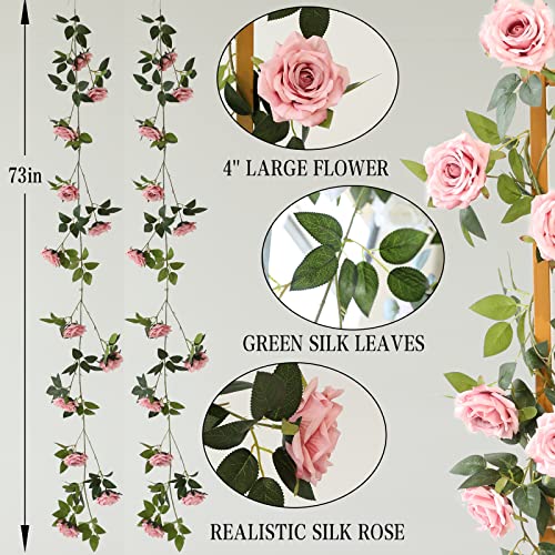 Dallisten 2 Strands 73'' Artificial Silk Rose Flower Vines Garland, Fake Pink Roses Floral Green Leaves Hanging Plant for Wedding Arrangement Decoration, Wall, Party, Bedroom, Home Decor (Pink) - color: Pink