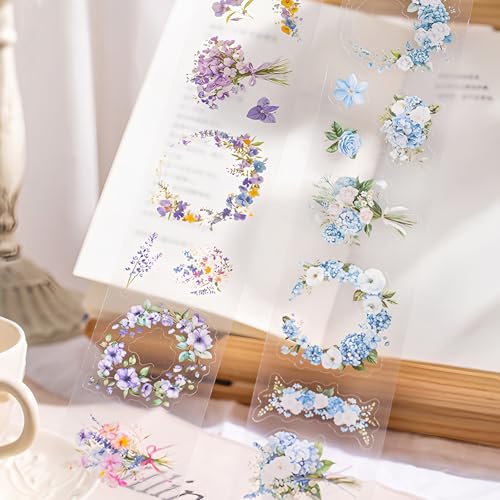 PET Tape Stickers for Journaling 6 Rolls Flower Washi Tape Stickers Decorative Tape for Crafts Scrapbooking Junk Journal Supplies, Wreath of Letters - color: Wreath of Letters