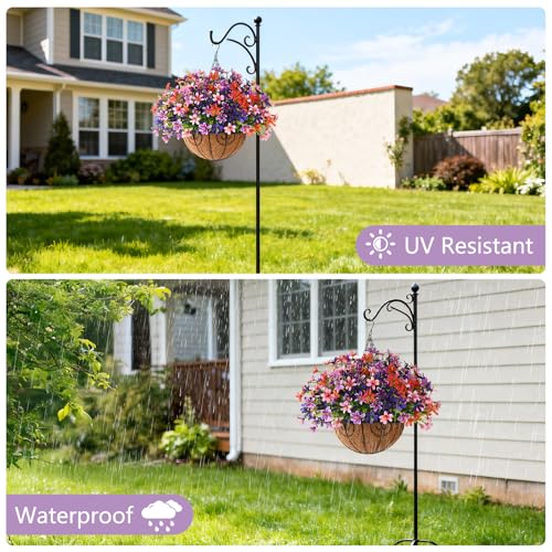 INQCMY Artificial Hanging Flowers for Outdoors, 6 Bundles UV Resistant Artificial Hanging Baskets,All Weather Fake Flowers for Patio, Porch, Yard, Window Box,Home for Spring Summer Decoration. - color: Light Red Purple Red Pink