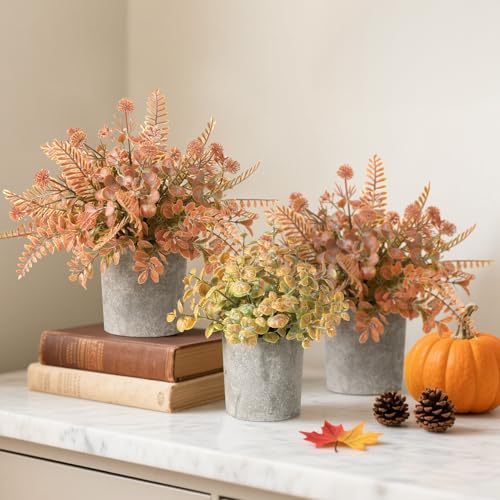 3 Pack Mini Orange Fake Potted Plants Artificial Plastic Eucalyptus Plants Fall Decor for Home, Office, Desk, Bathroom, Coffee Table & Shelf - color: Orange