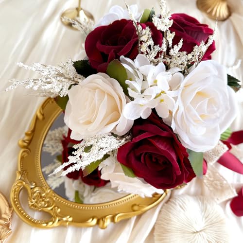 9 Inch Burgundy Wedding Bouquets for Bride Bridesmaid, Dark Red White Champagne Artificial Fake Roses Flowers Bridal Bouquet Winter Fall Boho Rustic Wedding Decoration Toss Bouquet Prom - color: Burgundy Red