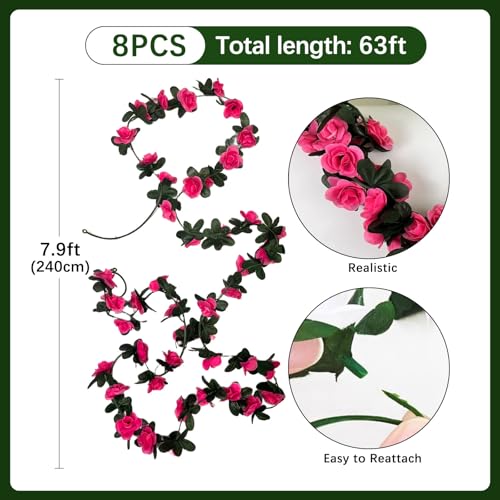 8Pcs 63Ft Fuchsia Rose Garland, Fake Flower Vines, Artificial Vine Flowers, Rose Hanging Garland for Party Wedding, Garden, Room Table, Christmas, Backdrop Wall Arch Decor - color: Fuchsia, size: 8Pcs-63Ft