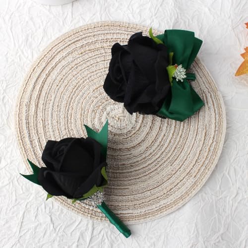 Black Rose Wrist Corsage and Boutonniere Set Rose Corsage Wristlet for Wedding Prom Party Homecoming Decoration Set of 2 (Green and Black) - color: Green and Black