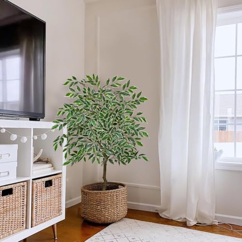 4Ft Ficus Tree Artificial Plants Indoor with Realistic Trunk, 2Pack Tall Fake Potted Tree Faux Floor Plant, Artificial Tree in Pot for Home Living Room Office Bedroom Corner Decor(Green White) - color: Green White, size: 4Ft -2pack