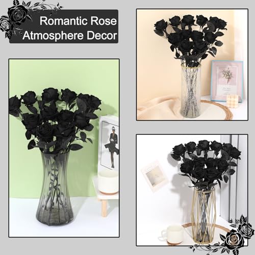 12Pcs Black Roses Artificial Flowers Fake Rose Faux Velvet Silk Flowers for Home Wedding Decoration (Pearl Roses, Pure Black) - color: Pearl Roses - Black Pure 12p