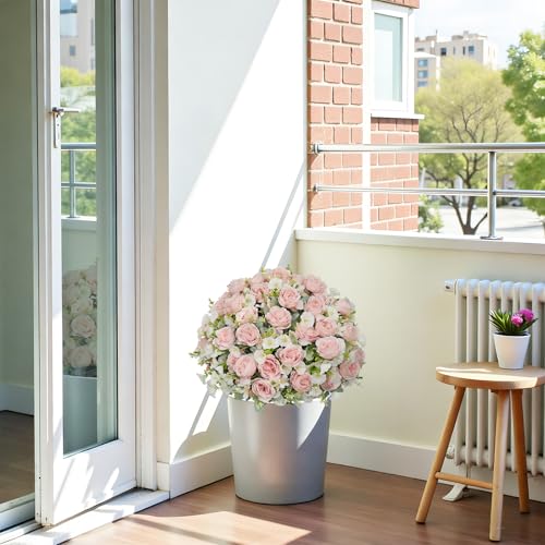 24" Artificial Potted Flowers for Outdoors Set of 2 - UV Resistant Faux Pink Silk Peonies with Eucalyptus Plants in Cement Pots for Outside Front Porch Home Indoor Decor - color: Blush Pink, size: 24" Classic Peony