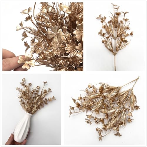 PASYOU Gold Fake Flowers Artificial Shrubs for Christmas Decor, Plastic Plants Faux Leaves Stems Grass Foliage Home Wreath Ornaments Party Hotel Wedding Event Gift DIY Tree Decoration Golden 10 Pack - color: Gold Flower Branches /10 Pcs