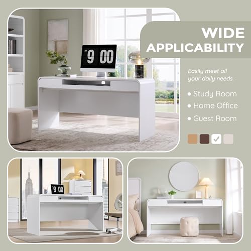 63" Modern Computer Desk with 2 Drawers, Wood Curved Executive Desk with Keyboard Tray & Power Outlet, Writing Desks with Storage for Home Office, Study Room, Living Room (White) - color: White
