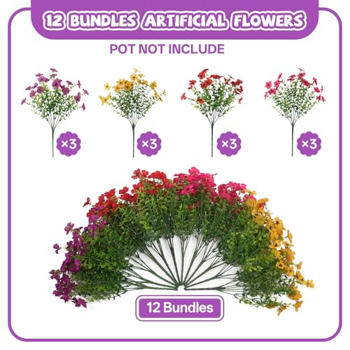 Artificial Flowers Faux Plants for Outdoor, 12 Bundles Realistic Silk Artificial Daisy with Eucalyptus, UV Resistant Fake Flower Plants for Outside Front Porch Garden Patio Decor (Mix-4 Colors) - color: Mix-4 Colors