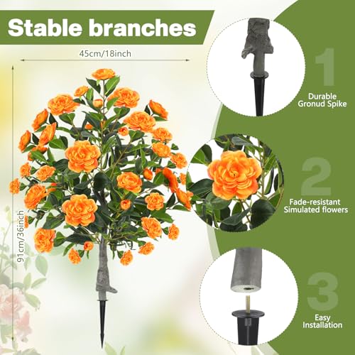 Lunmon 2 Pack 3ft Artificial Camellia Plants Tree 36" Faux Camellia Flower with Spike UV Resistant Realistic Fake Floral Blooming Bush for Indoor Outdoor Front Door Porch Backyard Garden, Orange - color: Orange, size: 3 ft