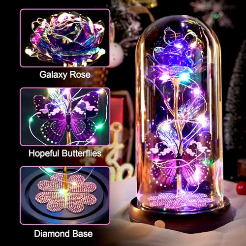 Mothers Day Rose Gifts for Mom Birthday Gift for Women, Rechargeable Galaxy Glass Rose in Glass Dome Crystal Roses Butterfly Mother's Day Flowers Gifts for Women Mom Wife Grandma Daughter, Purple - color: USB-B Purple