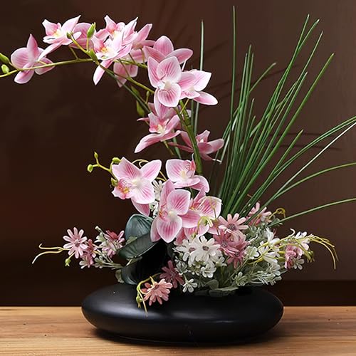 SYDDOL 17" Artificial Orchid Flowers with Pot Decorative Large Phalaenopsis Real Touch Faux Orchid Arrangement for Home Office Living Room Table Centerpiece Desk Decor - color: Pink Flower + Black Pot
