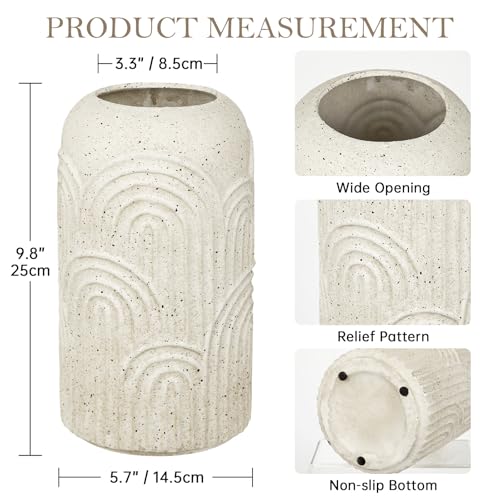 10 inch Large Ceramic Vase, Beige Boho Embossed Flower Vase with Texture, Farmhouse Pottery Vase for Home Decor Mantle Fireplace Living Room Table Centerpiece Pampas Grass - size: 10 IN
