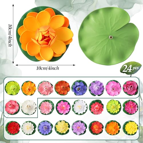 Suncalla 24 Pcs Artificial Floating Foam Lotus Flower with Water Lily Pad, 4", 14 Colors Lifelike Ornament Home Garden Pond Decor Indian Decorations Return Gifts - color: Colorful, size: 4"