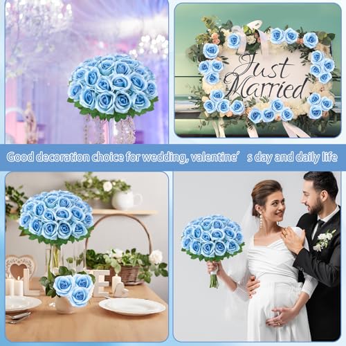 24 Pcs Sky Blue Rose Artificial Flowers with Long Stem Real Touch Silk Roses Bulk for Wedding, Party, Table Centerpieces Bouquet, Bridal, Home Decor - color: Sky Blue