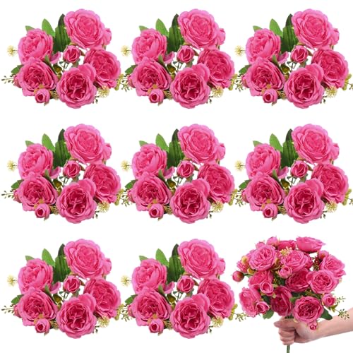 8 Bundles Artificial Peonies Flowers Boho Faux Flowers Arrangements Artificial Centerpiece Spring Bouquet Floral Wedding Decoration for Vase (Hot Pink) - color: Hot Pink