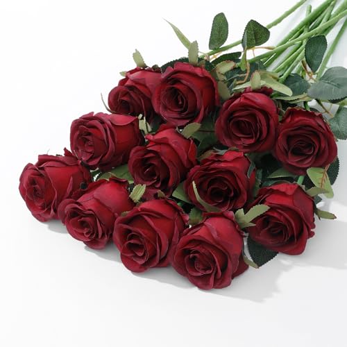 12Pcs Realistic Fake Roses Faux Flowers with Long Stems, Artificial Silk Rose Flowers for Valentines Day Home Wedding Decor Bridal Bouquet (Dark Red) - color: Dark Red