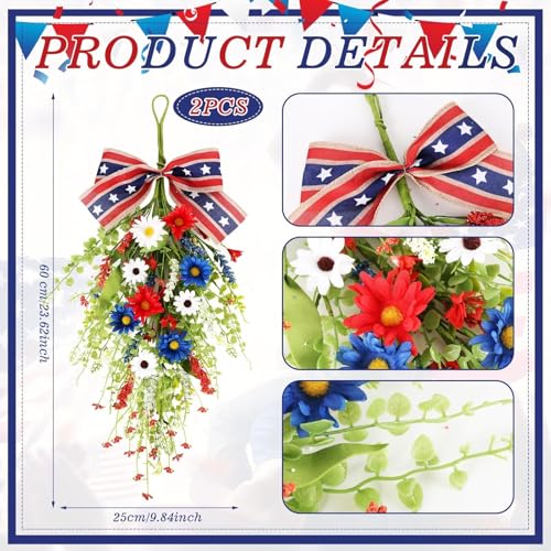 24inch Patriotic Red, White and Blue Floral Swag Wreath for Front Door Patriotic American Floral Teardrop Swags 4th of July Independence Day Rings Wreaths for Pillars Porch Wall Window Decor - color: Daisy Swag